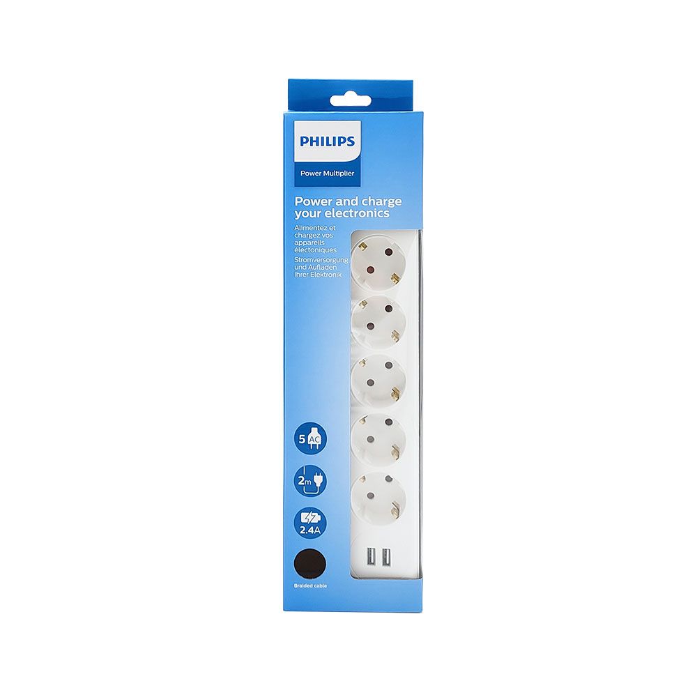 BASE MÚLTIPLE 5 TOMAS SCHUKO, CON INTERRUPTOR + 2 USB A, 2 m CABLE, 16A 230V~, BLANCA - Imagen 4