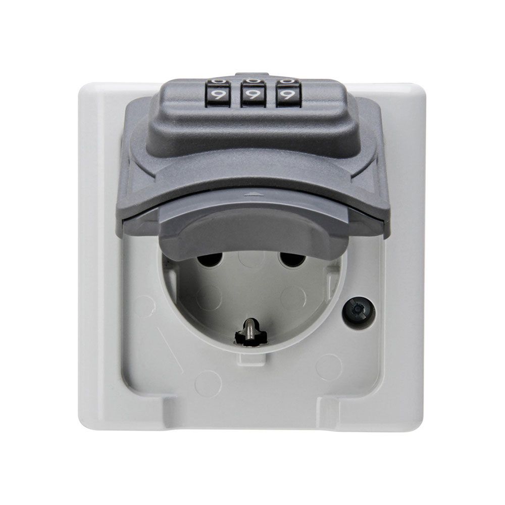 BASE FIJA 2P+T TIPO F SUPERFICIE GRIS 16A 250V~ CON CERRADURA DE COMBINACIÓN