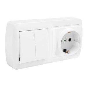BASE 2P+T TIPO F BIPOLAR CON T/TL, DOBLE CONMUTADOR Y CON OBTURADOR SUPERFICIE MURAL 148 x 72 x 42 mm
