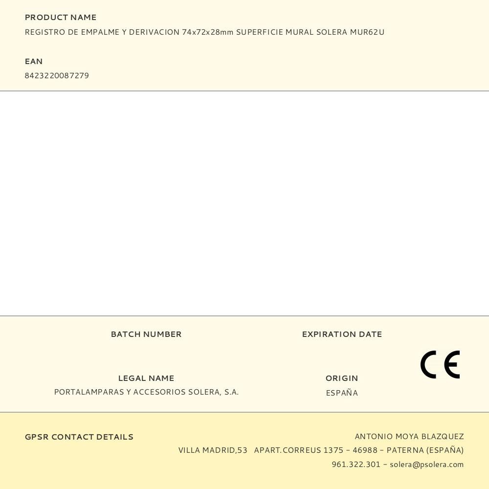REGISTRO DE EMPALME Y DERIVACION 74x72x28mm SUPERFICIE MURAL SOLERA MUR62U - Imagen 2