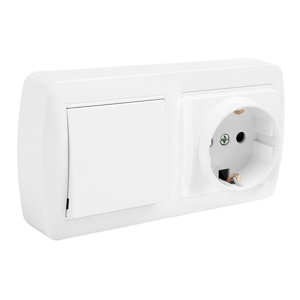 BASE FIJA 2P+T 16A 250V + CONMUTADOR/INTERRUPTOR 10AX 250V SUPERFICIE MURAL 148 x 72 x 42 mm