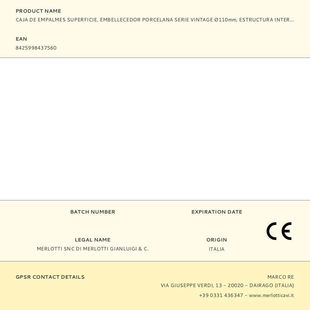 CAJA DE EMPALMES SUPERFICIE, EMBELLECEDOR PORCELANA SERIE VINTAGE Ø110mm, ESTRUCTURA INTERIOR Ø80x40mm BLANCA - Imagen 2