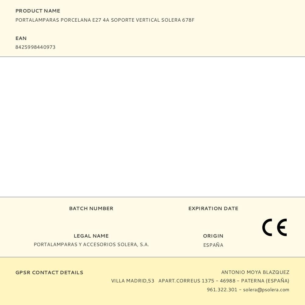 PORTALAMPARAS PORCELANA E27 4A SOPORTE VERTICAL SOLERA 678F - Imagen 2