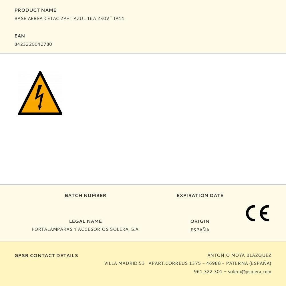 BASE AEREA CETAC 2P+T AZUL 16A 230V~ IP44 - Imagen 2