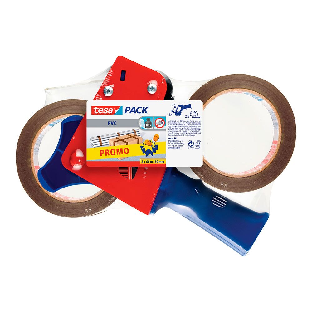 DISPENSADOR CINTA DE EMBALAJE + 2 ROLLOS 50 mm x 66 m