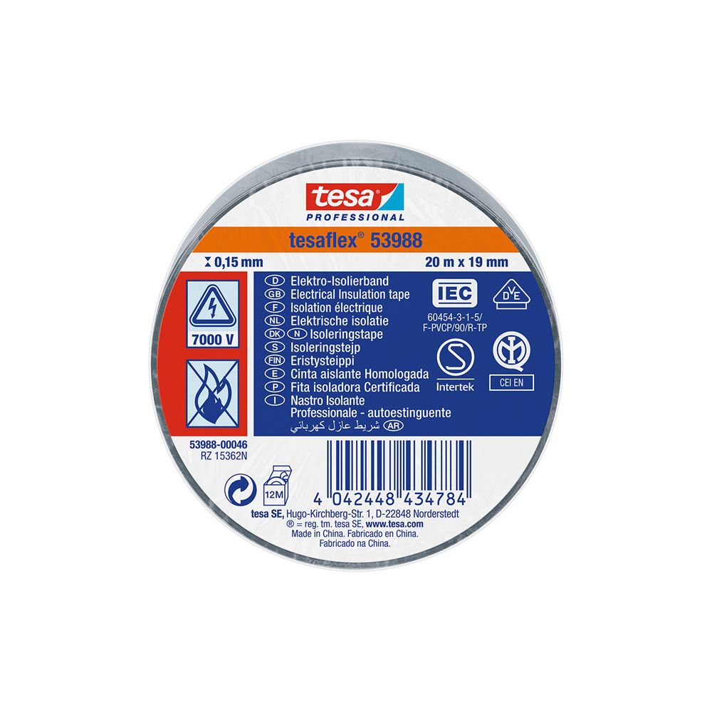 CINTA AISLANTE HOMOLOGADA GRIS 19 mm x 20 m