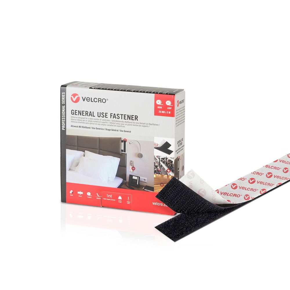 CINTA DE GANCHO Y BUCLE ADHESIVA NEGRA 20 mm x 5 m