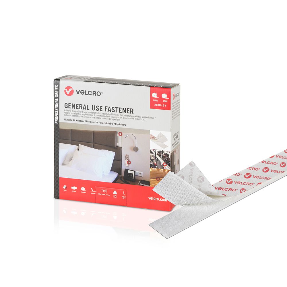 CINTA DE GANCHO Y BUCLE ADHESIVA BLANCA 20mm x 5 m