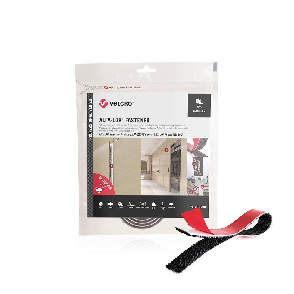 CINTA ALFA-LOK LINEAL DE GANCHO NEGRA 25mm x 1 m