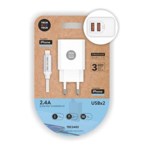 CARGADOR DOBLE BLANCO + CABLE NYLON  LIGTHNING 2,4 A 12 W 5 V