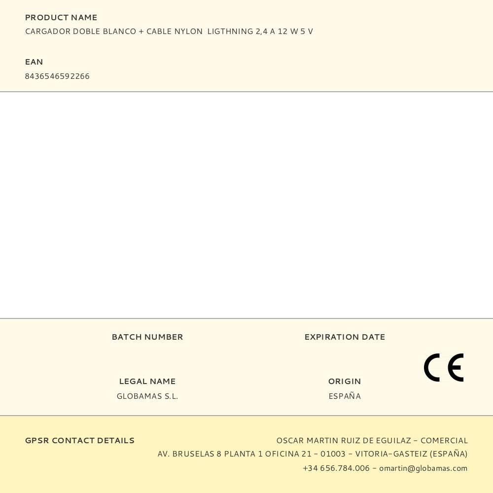 CARGADOR DOBLE BLANCO + CABLE NYLON LIGTHNING 2,4 A 12 W 5 V - Imagen 2