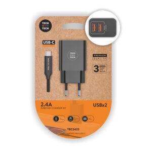 CARGADOR DOBLE 2,4 A + CABLE NYLON USB-C NEGRO