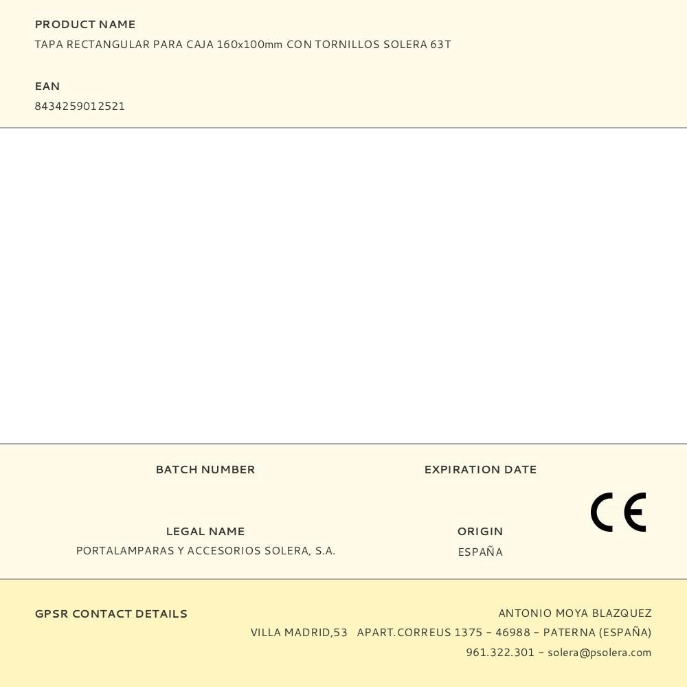 TAPA RECTANGULAR PARA CAJA 160x100mm CON TORNILLOS SOLERA 63T - Imagen 2