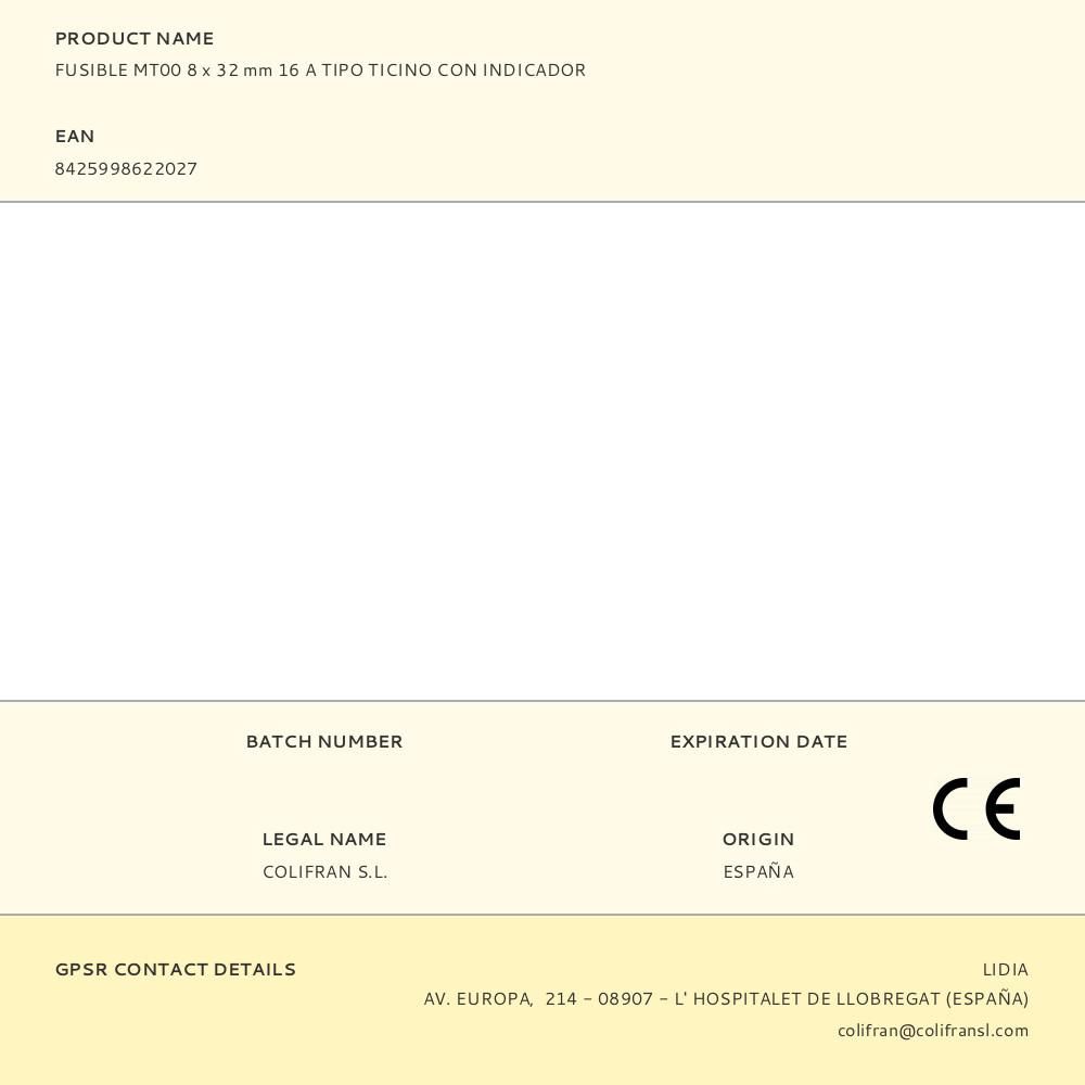 FUSIBLE MT00 8 x 32 mm 16 A TIPO TICINO CON INDICADOR - Imagen 2