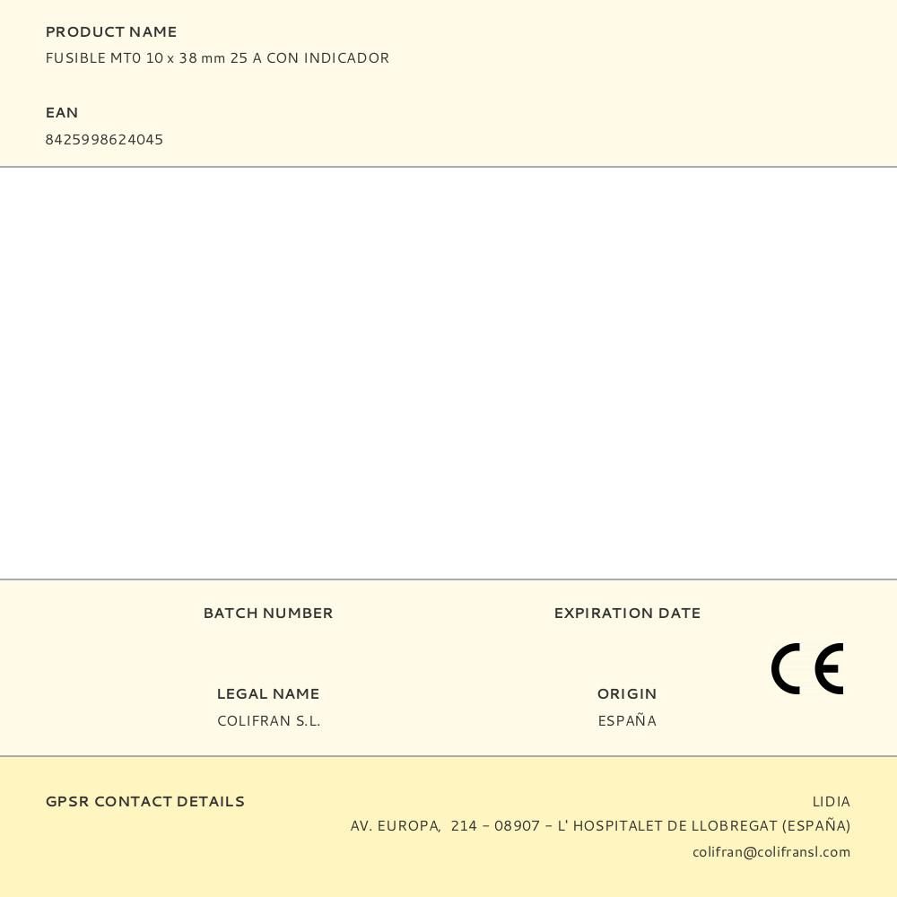 FUSIBLE MT0 10 x 38 mm 25 A CON INDICADOR - Imagen 2