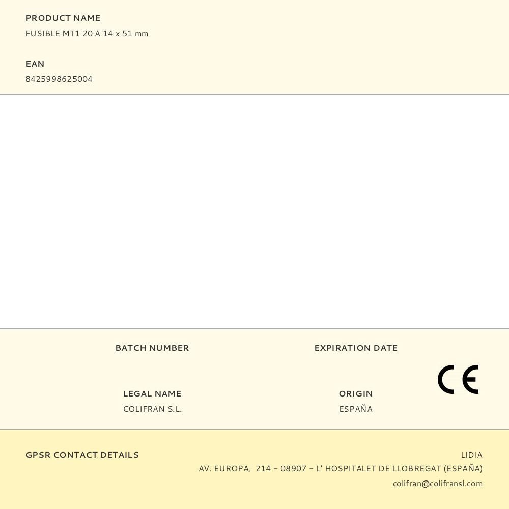FUSIBLE MT1 20 A 14 x 51 mm - Imagen 2