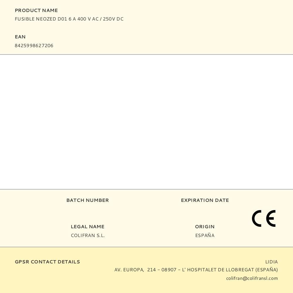 FUSIBLE NEOZED D01 06 A 400 V AC / 250 V DC - Imagen 2