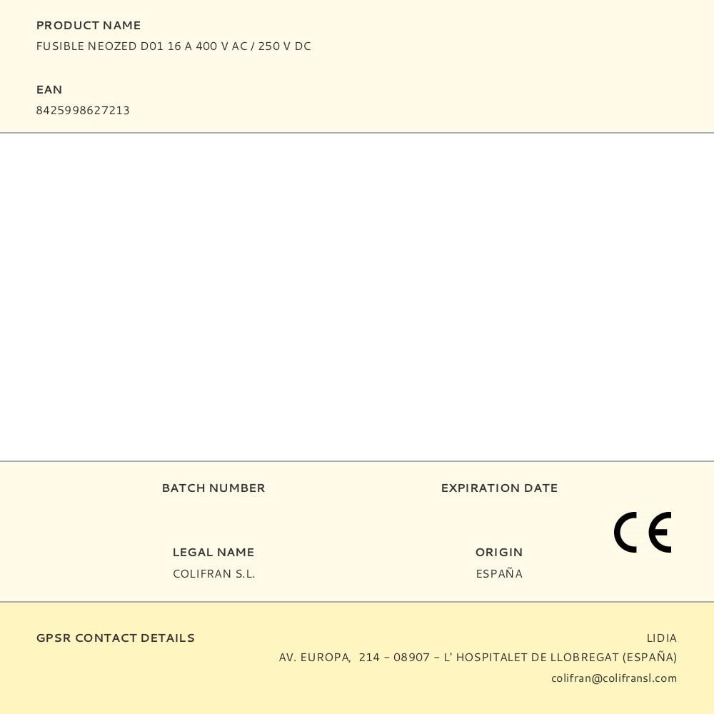 FUSIBLE NEOZED D01 16 A 400 V AC / 250 V DC - Imagen 2