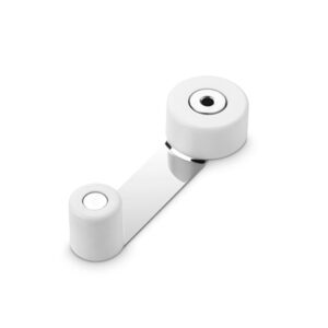 TOPE DE PUERTA Y RETENEDOR GIRATORIO, DE METAL CON ACABADO BLANCO, FIJACIÓN CON TORNILLOS Y ADHESIVO, BLISTER
