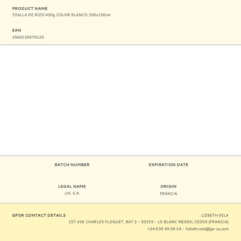 TOALLA DE RIZO 450 g / m² COLOR BLANCO 100 x 150 cm - Imagen 2