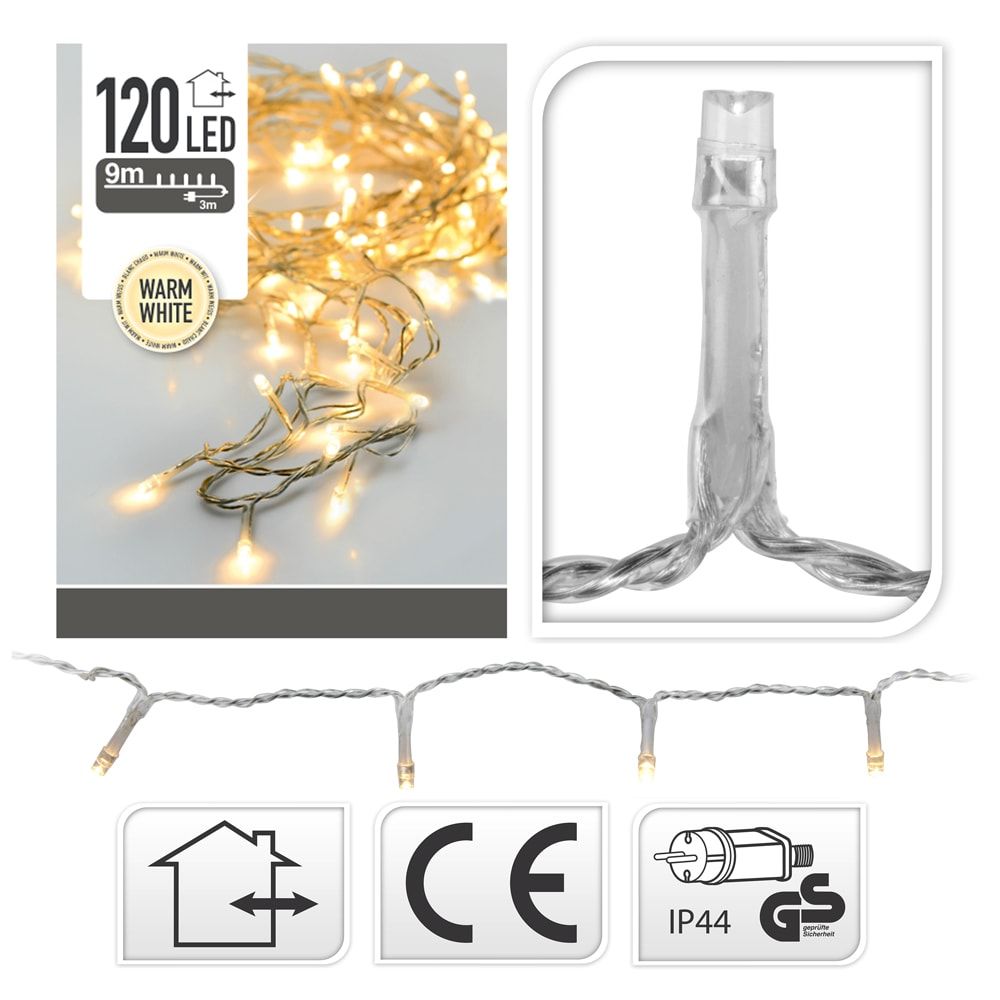 GUIRNALDA CON FUNCIÓN FIJA, USO EXTERIOR, BLANCO CÁLIDO, CABLE TRANSPARENTE, 120 LEDS, 9 m - Imagen 2