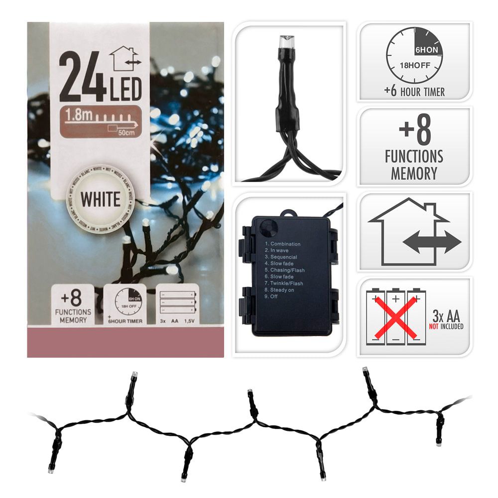 GUIRNALDA A PILAS, MULTIFUNCIÓN, USO EXTERIOR, BLANCO FRÍO, CABLE NEGRO, 24 LEDS, 2,30 m - Imagen 2