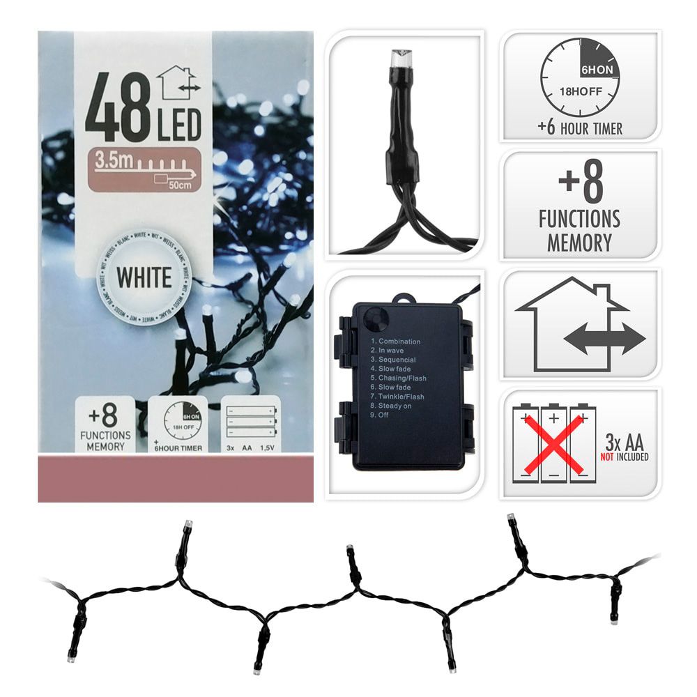 GUIRNALDA A PILAS, MULTIFUNCIÓN, USO EXTERIOR, BLANCO FRÍO, CABLE NEGRO, 48 LEDS, 4 m - Imagen 2