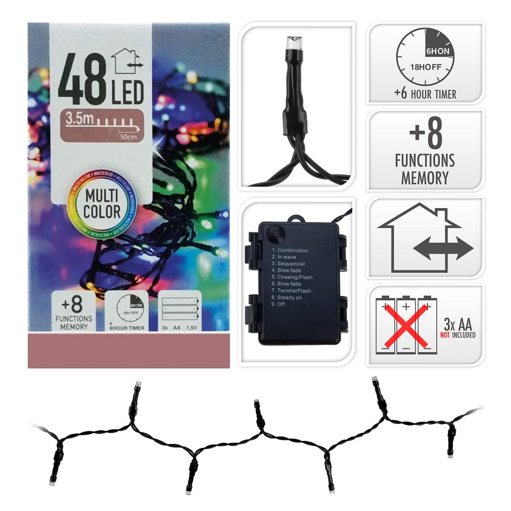 GUIRNALDA A PILAS, MULTIFUNCIÓN, USO EXTERIOR, MULTICOLOR, CABLE NEGRO, 48 LEDS, 4 m - Imagen 2