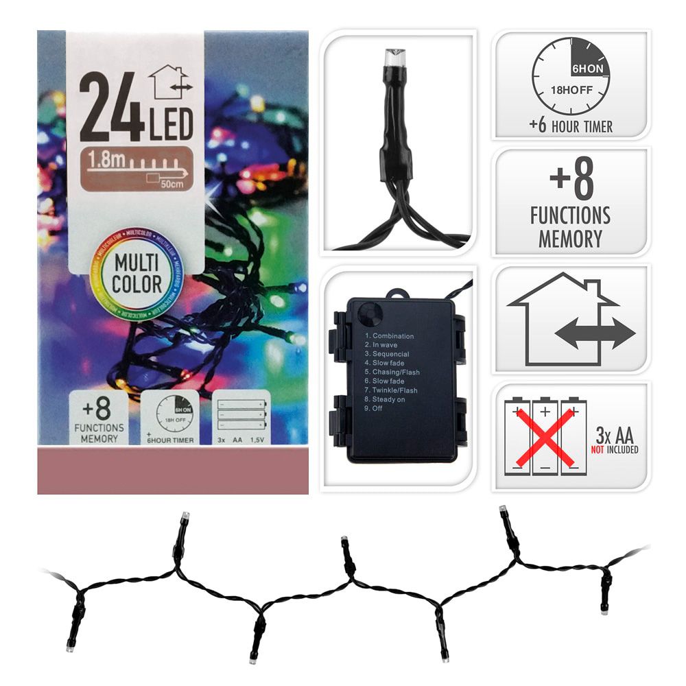 GUIRNALDA A PILAS, MULTIFUNCIÓN, USO EXTERIOR, MULTICOLOR, CABLE NEGRO, 24 LEDS, 2,30 m - Imagen 2