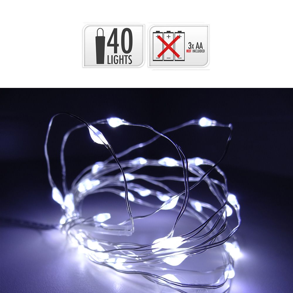GUIRNALDA A PILAS, FUNCIÓN FIJA, USO INTERIOR, BLANCO FRÍO, CABLE ALAMBRE PLATEADO, 40 LEDS, 195 cm - Imagen 2
