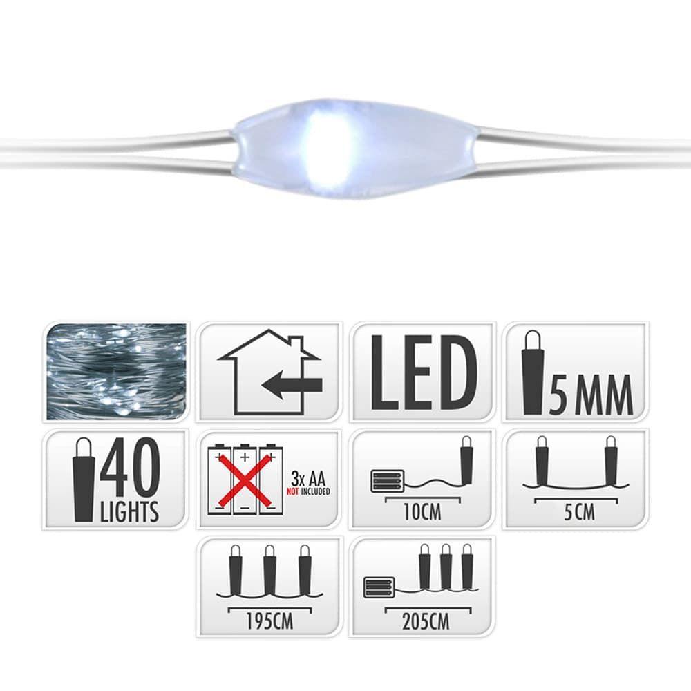 GUIRNALDA A PILAS, FUNCIÓN FIJA, USO INTERIOR, BLANCO FRÍO, CABLE ALAMBRE PLATEADO, 40 LEDS, 195 cm - Imagen 3