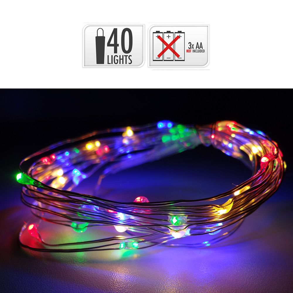 GUIRNALDA A PILAS, FUNCIÓN FIJA, USO INTERIOR, MULTICOLOR, CABLE ALAMBRE PLATEADO, 40 LEDS, 195 cm - Imagen 2