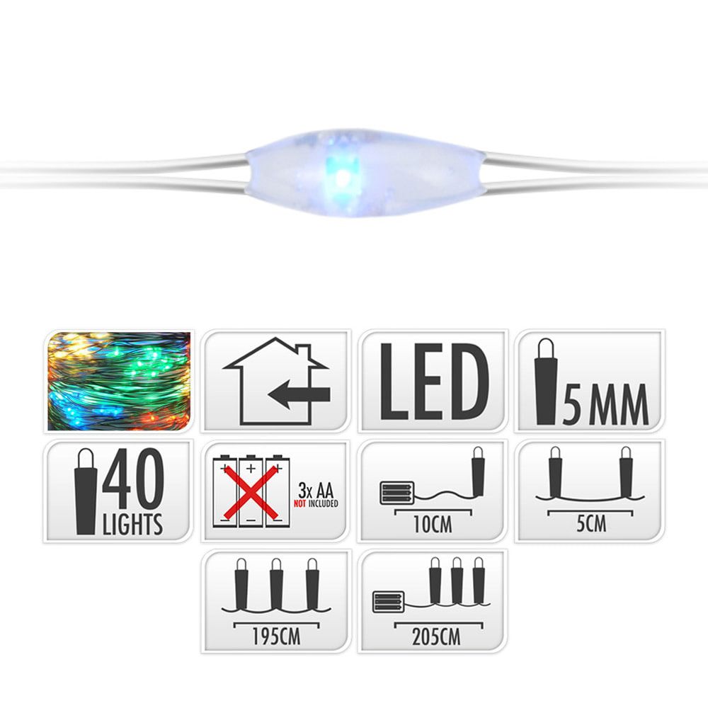 GUIRNALDA A PILAS, FUNCIÓN FIJA, USO INTERIOR, MULTICOLOR, CABLE ALAMBRE PLATEADO, 40 LEDS, 195 cm - Imagen 3