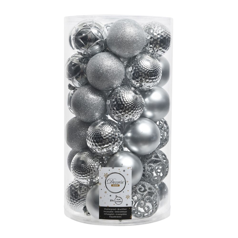 BOLAS DECORACIÓN ÁRBOL NAVIDAD Ø6 cm, PLATA, TUBO 37 uds