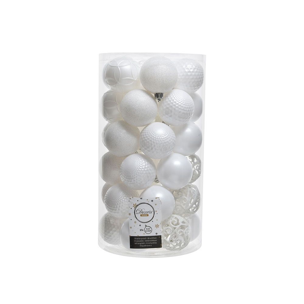 BOLAS DECORACIÓN ÁRBOL NAVIDAD Ø6 cm, BLANCAS, TUBO 37 uds