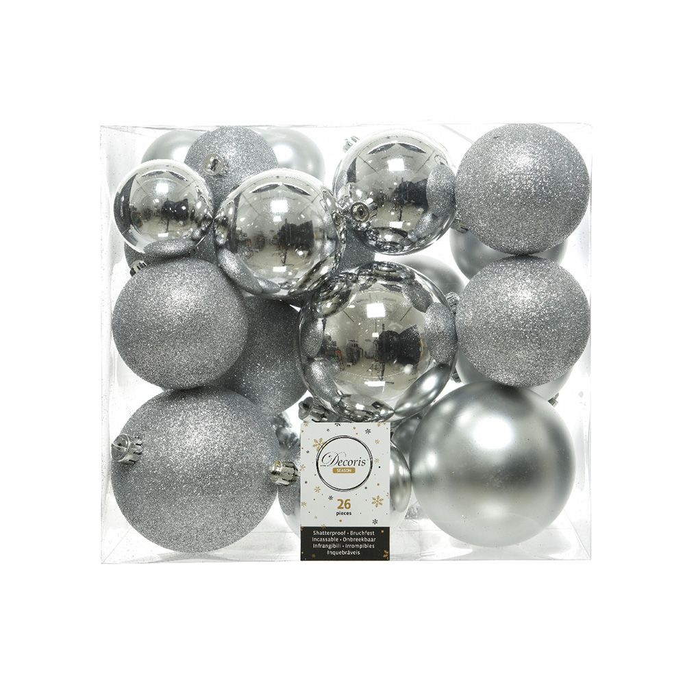 BOLAS DECORACIÓN ÁRBOL NAVIDAD Ø6 cm / Ø8 cm / Ø10 cm, PLATA, CAJA 26 uds