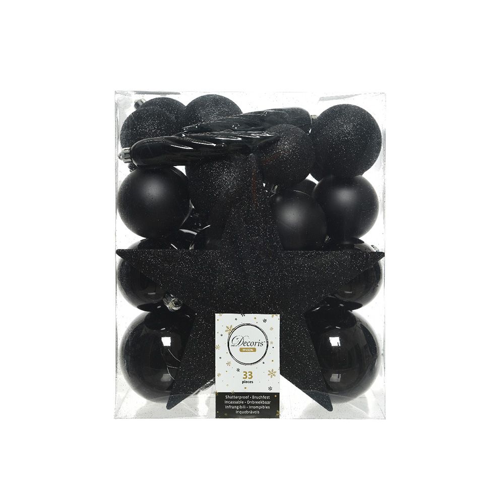 ADORNOS DECORACIÓN ÁRBOL NAVIDAD, NEGRO, CAJA 33 piezas