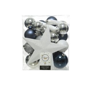 ADORNOS DECORACIÓN ÁRBOL NAVIDAD, AZUL, BLANCO Y PLATA, CAJA 33 piezas