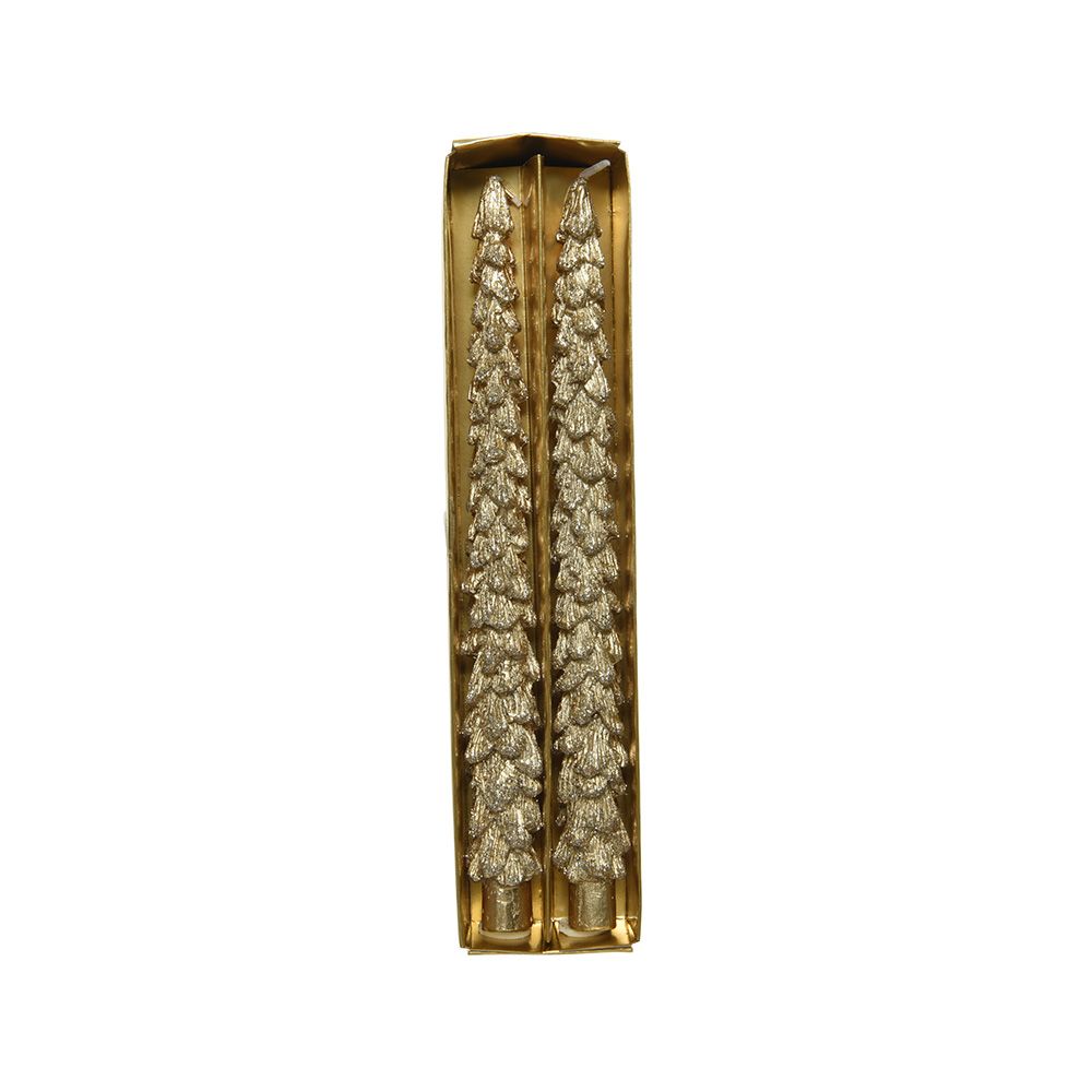 PACK DE 2 VELAS EN FORMA DE PINO, DORADAS CON BRILLANTINA, Ø3,5 x 26,5 cm