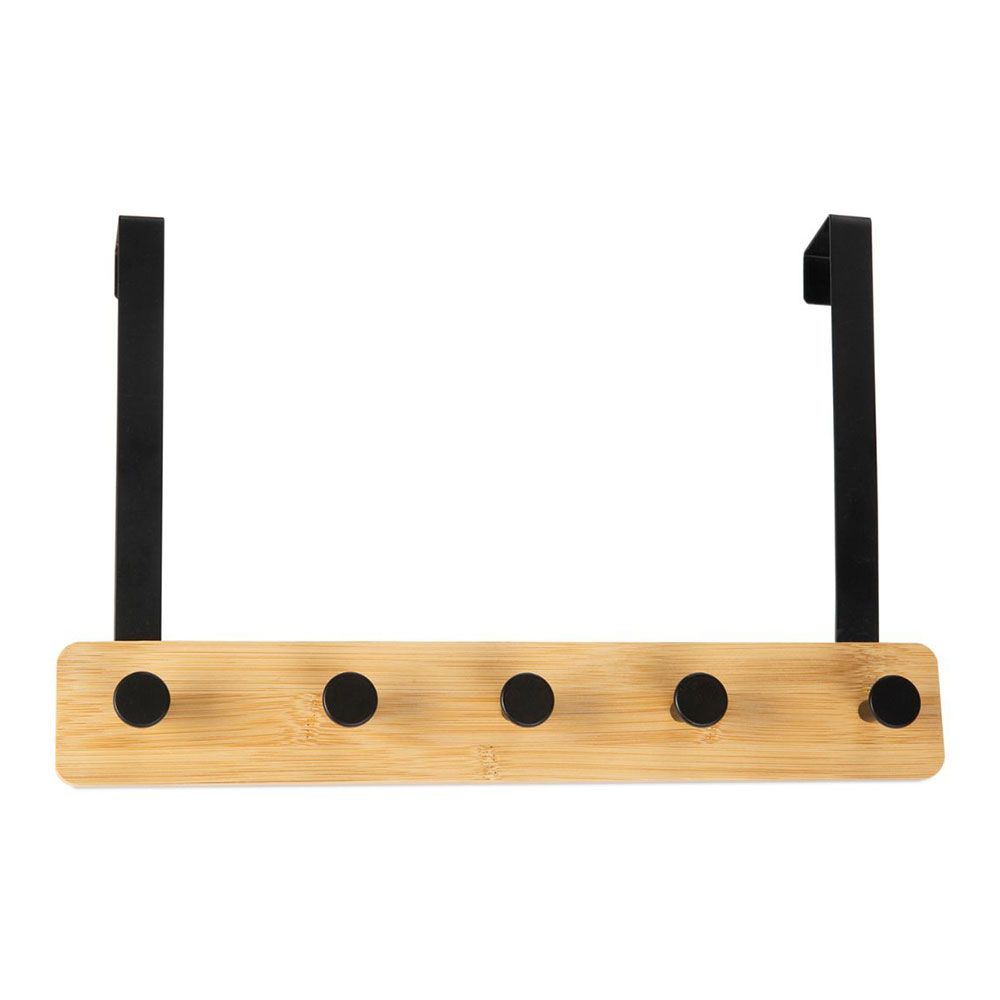 COLGADOR SOBREPUERTA DE METAL NEGRO Y MADERA 38 x 25 cm