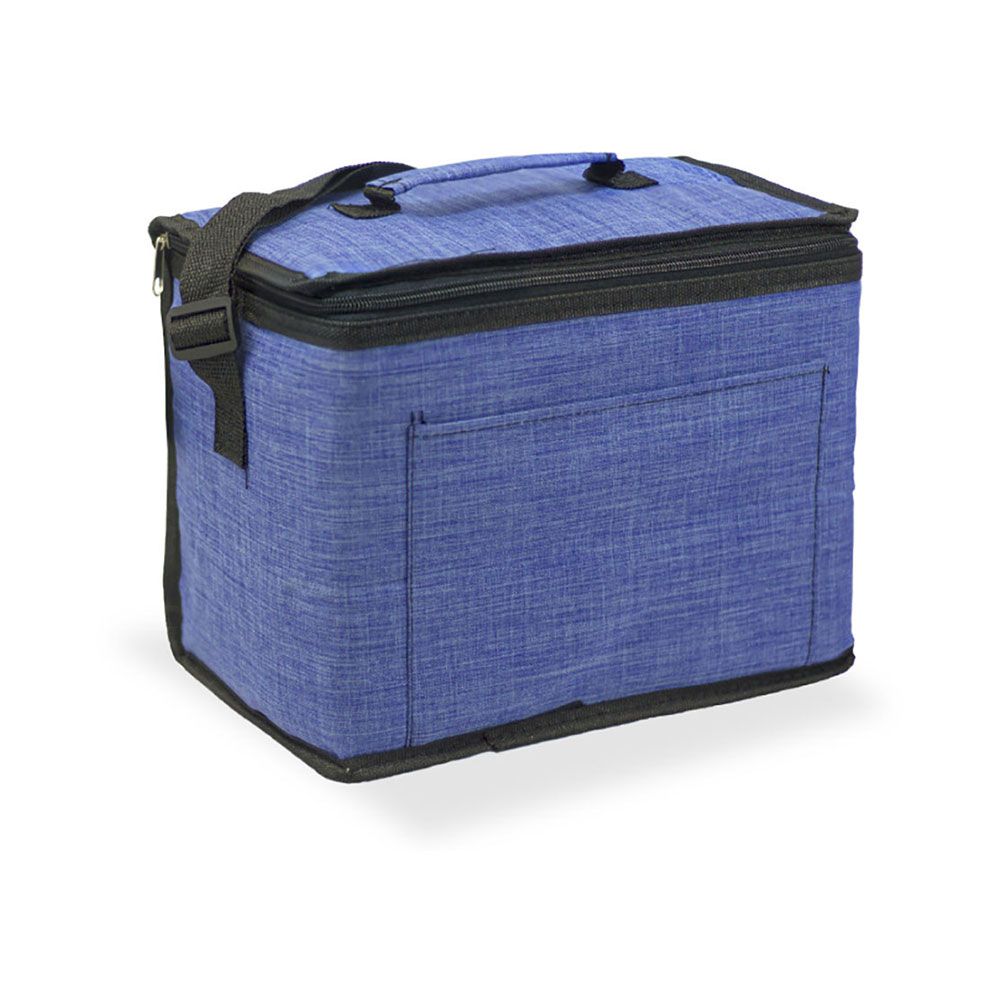 NEVERA TIPO BOLSA 10 l DISEÑO TEJANA AZUL CON RIBETE Y CORREA AJUSTABLE NEGRA, 28 x 16 x 22 cm