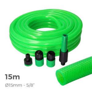 KIT MANGUERA DE JARDÍN ESTANDAR Ø15 mm, 5/8 pulg, 15 m
