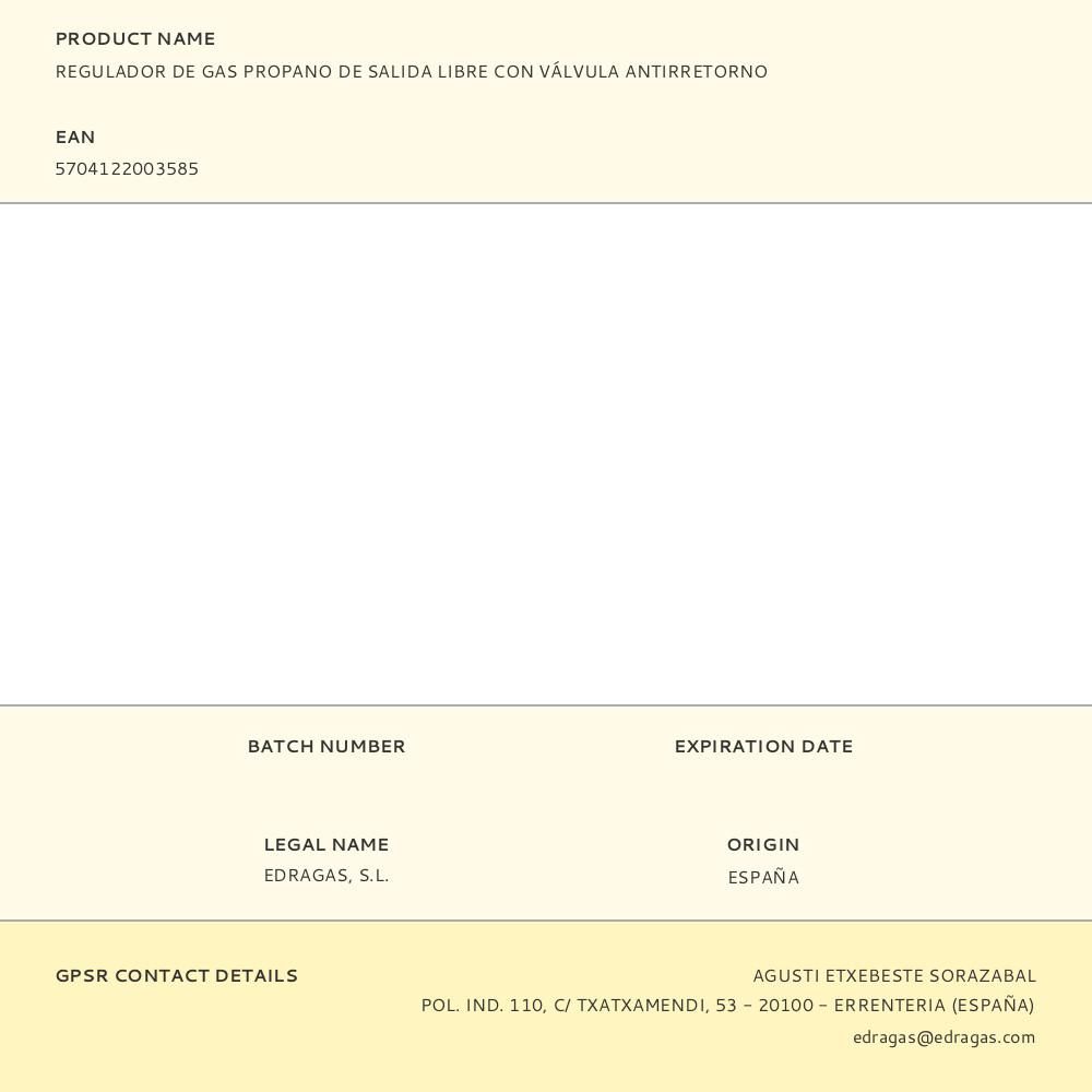 REGULADOR DE GAS PROPANO DE SALIDA LIBRE CON VÁLVULA ANTIRRETORNO - Imagen 2