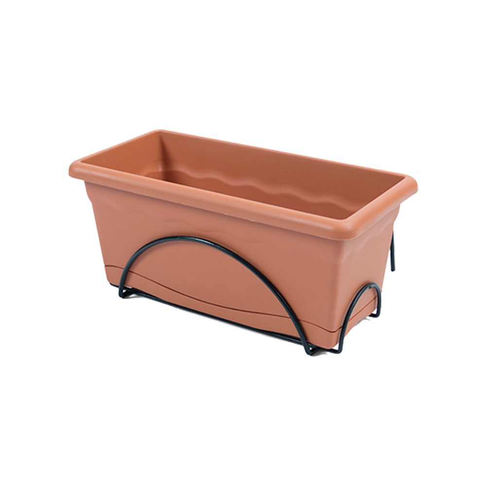 JARDINERA CON PLATO INTEGRADO COLOR TERRACOTA 60 x 24 cm + SOPORTE METÁLICO