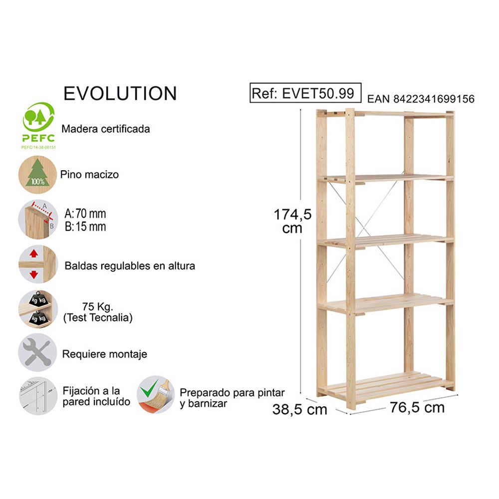 ESTANTERIA ALISTONADA EVOLUTION 5 PINO MACIZO 76,5 x 38,5 x 174,5 cm - Imagen 4
