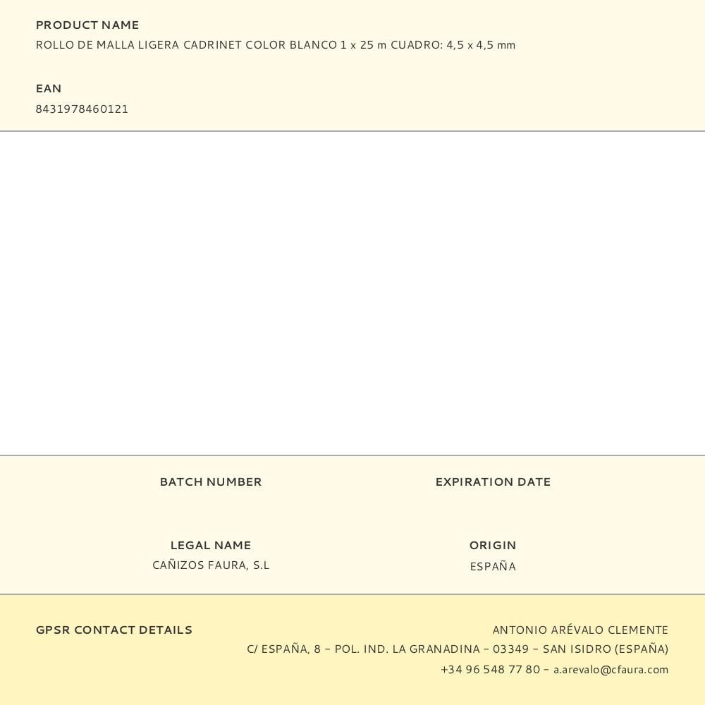 ROLLO DE MALLA LIGERA CADRINET CUADRO 4,5 x 4,5 mm COLOR BLANCO, 1 x 25 m - Imagen 2