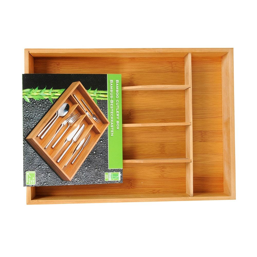 ORGANIZADOR DE CUBIERTOS EXTENSIBLE DE BAMBÚ CON 6 COMPARTIMENTOS, 35 x 25-39,2 x 4,5 cm