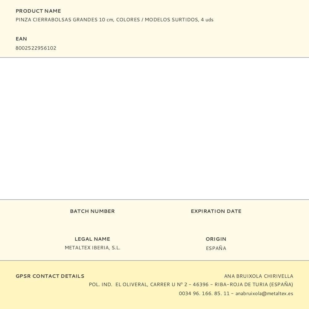 PINZA CIERRABOLSAS GRANDES 10 cm, COLORES / MODELOS SURTIDOS, 4 uds - Imagen 5