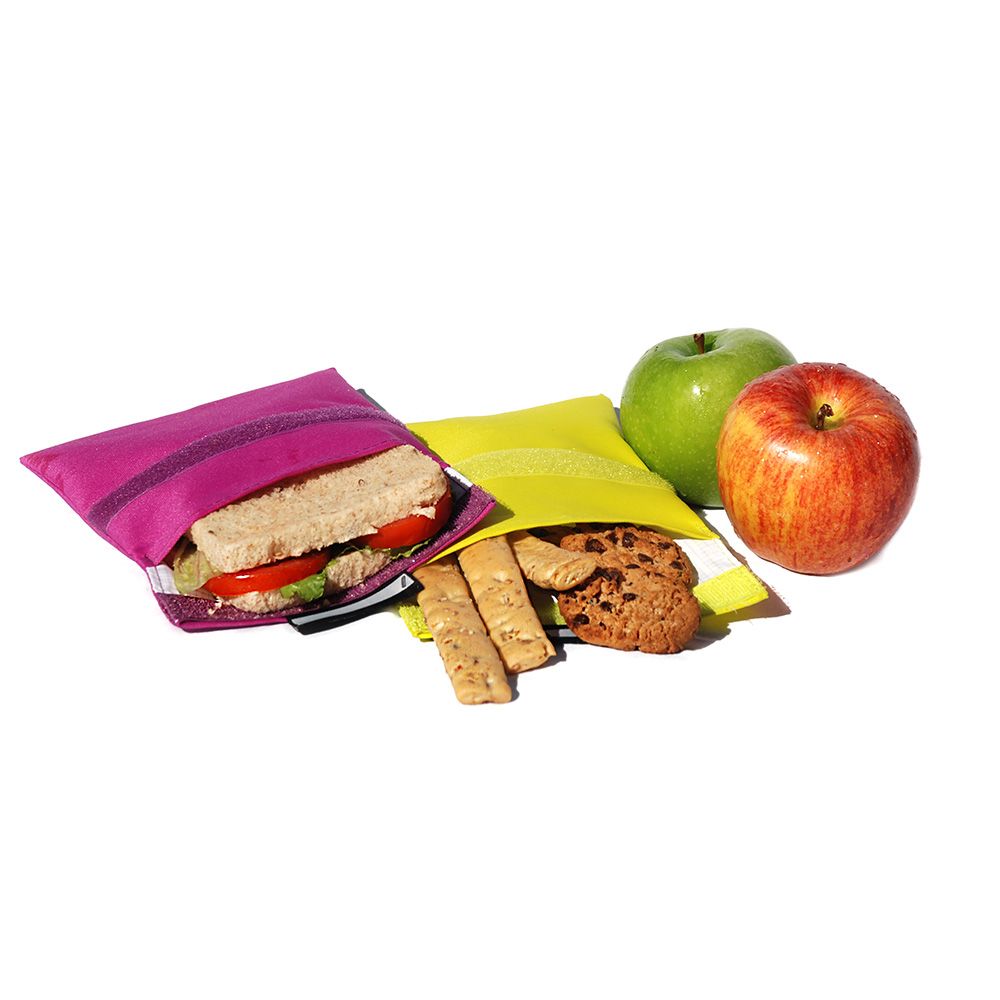 PORTA SNACKS REUTILIZABLES SNACK'N'GO LILA - AMARILLO 14 x 14 cm Y 20 x 20 cm 2 uds