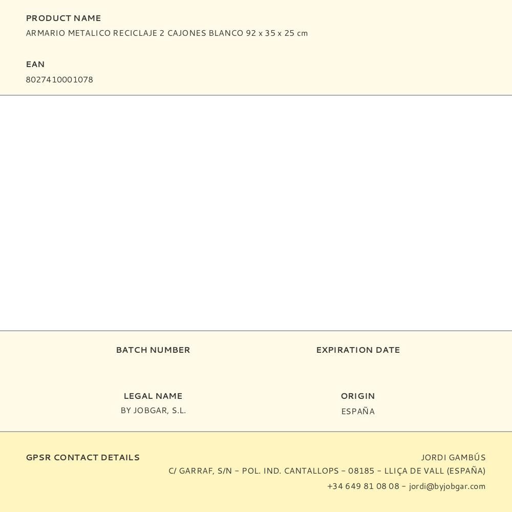ARMARIO METALICO RECICLAJE 2 CAJONES BLANCO 92 x 35 x 25 cm - Imagen 3
